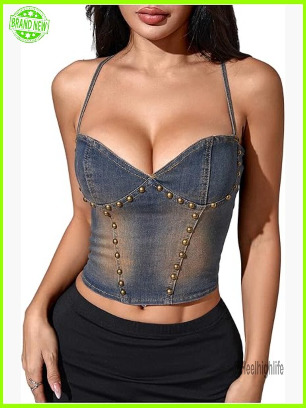Y2K Denim Camis Crop Top Backless Rivet Studded Jean Tops Spaghetti Strap